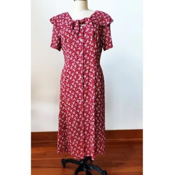 90's Kathie Lee Collection Cranberry Red Calico Floral Print Midi Dress 14 - Picture 2 of 4